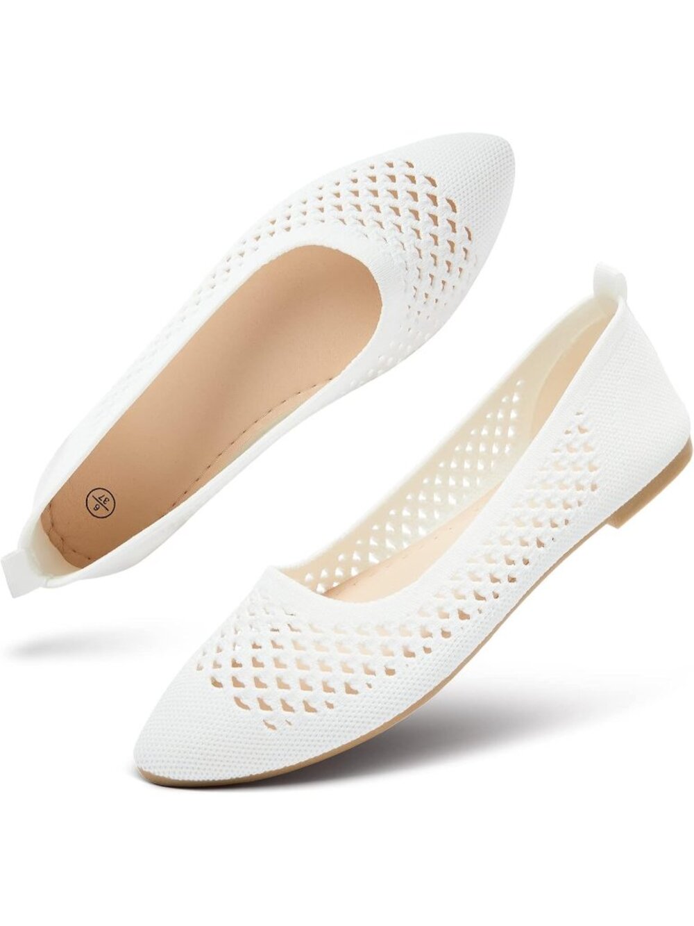 Women's White Breathable Pointed Toe Slip on Casual Loafer Ballet Flat Shoes